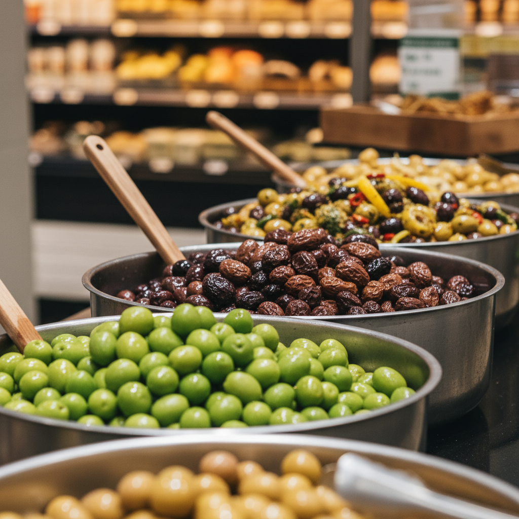 Olive bar with castelvetrano, kalamata, and beldi olives in stainless steel tubs