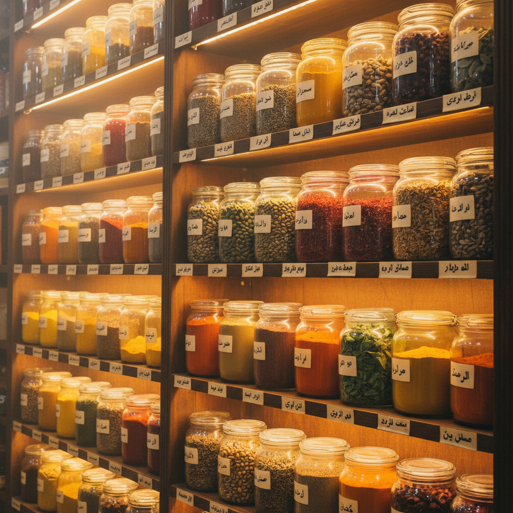 Wall of glass spice jars filled with sumac, turmeric, cardamom, baharat and more