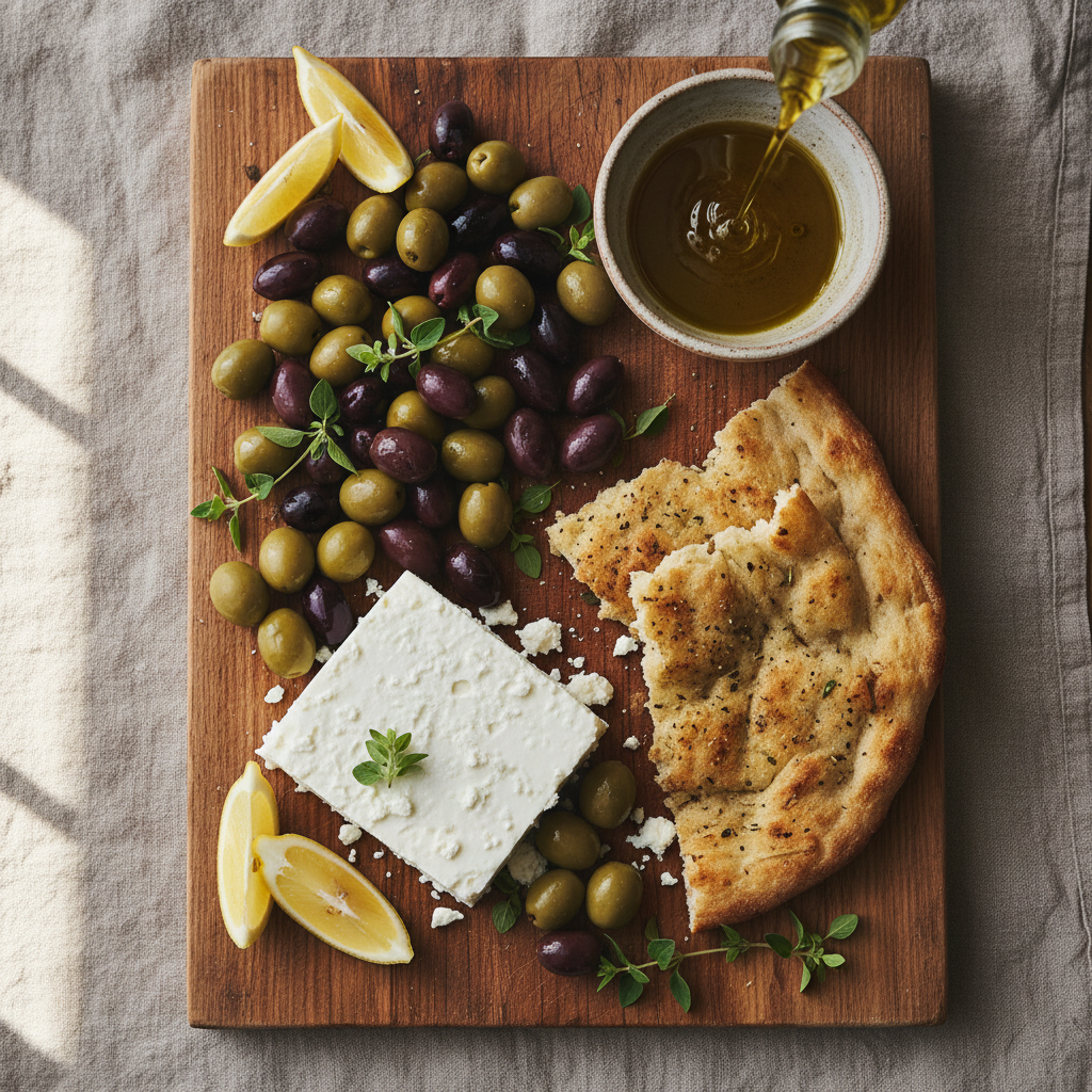 Cutting board with castelvetrano olives, French feta, fresh flatbread, and olive oil