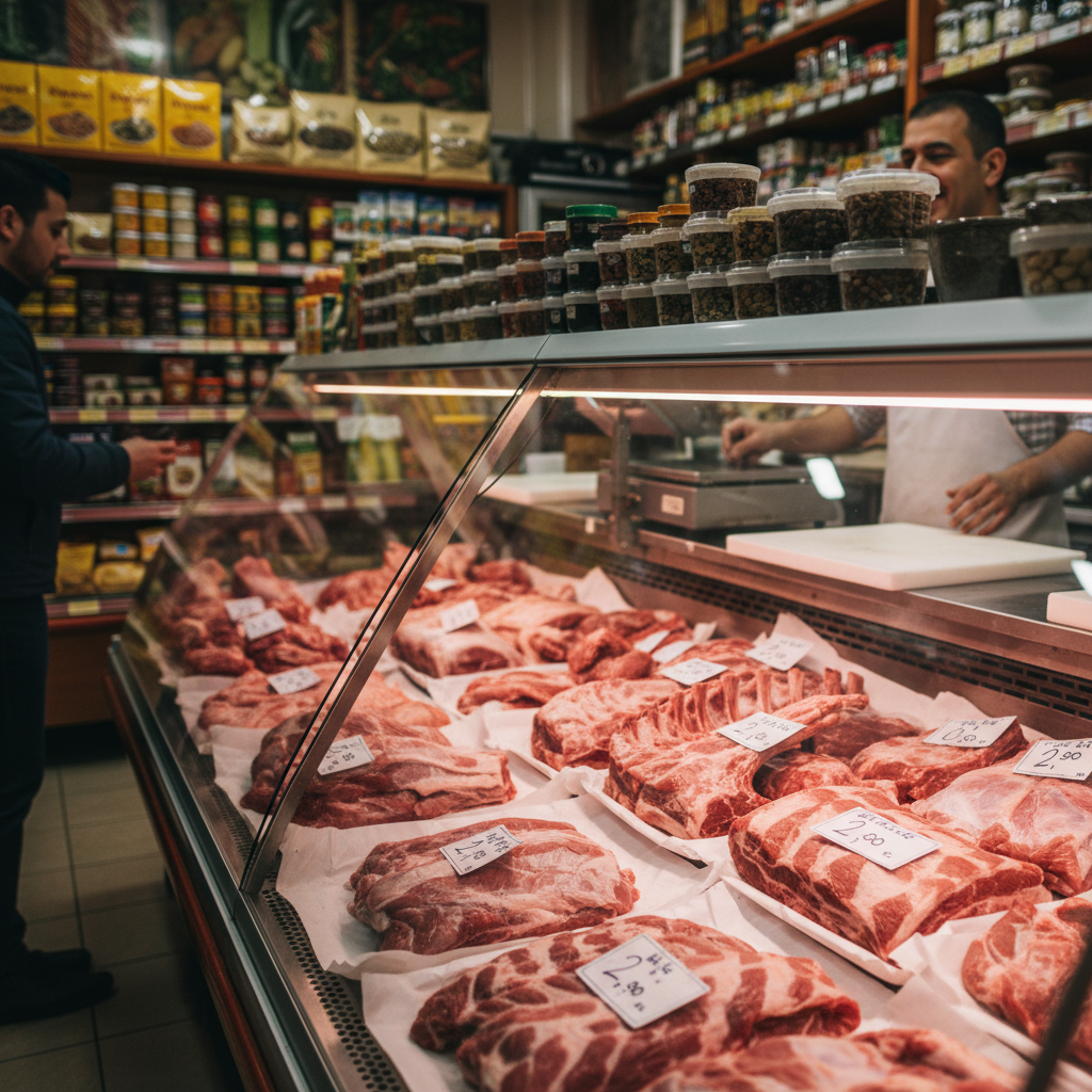 Halal butcher counter with fresh lamb and goat cuts